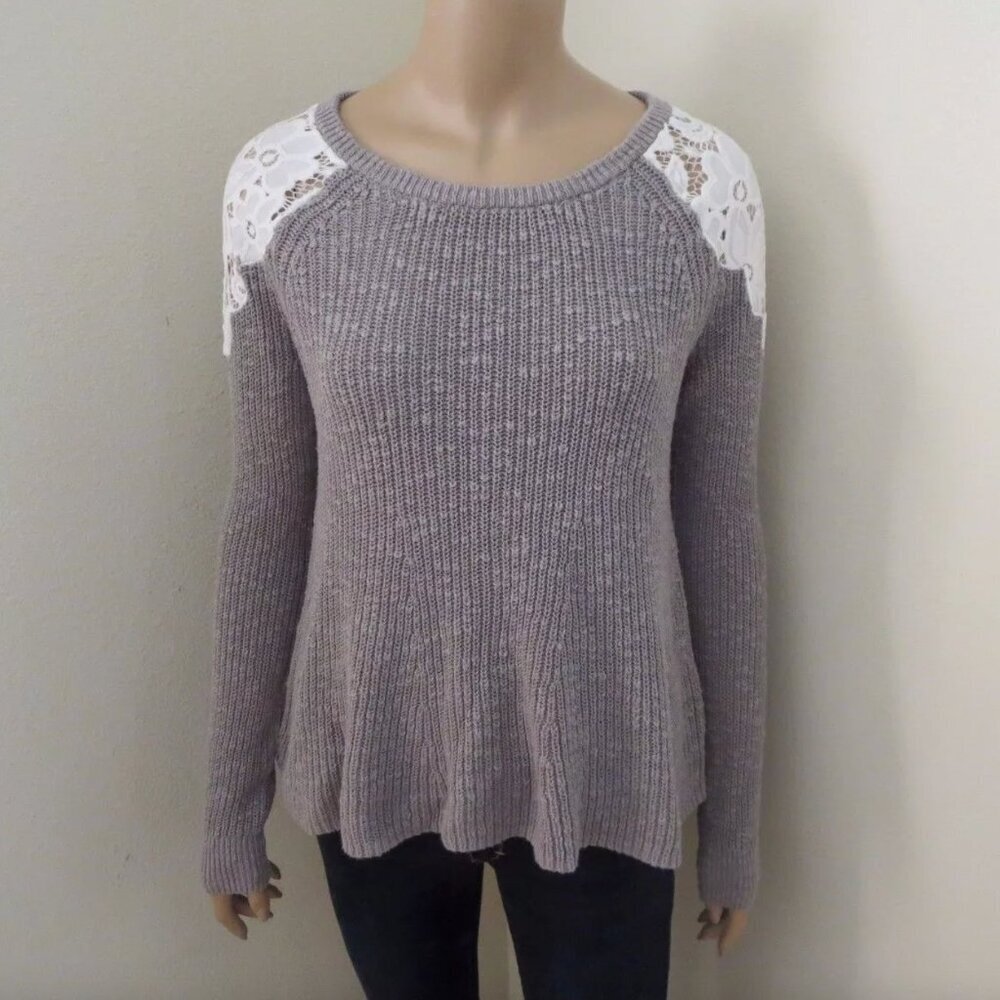 Hollister Womens Knit Sweater Size Small Lace Shoulders Sweatshirt Gray & White